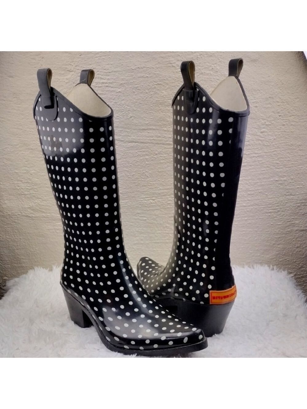 Bit & Bridle Black White Polka Dot Pointed Toe Heeled Western Style Rain Boot
